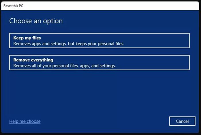 مرحله چهارم : تعیین نوع ریست (Keep my files یا Remove everything).
