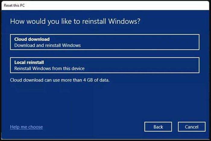 مرحله پنجم : انتخاب روش نصب (Cloud download یا Local reinstall)