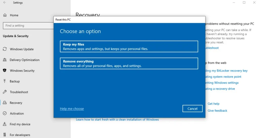 تعیین نوع ریست (Keep my files یا Remove everything)